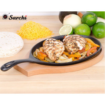 Fajita Plate Set - Предварительно обработанный чугун Fajita Pan с деревянным лотком